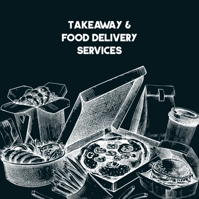Engraved fast food background. Hand-drawn vector illustration on chalkboard. Burger, pizza box, paper bag, coffee cup sketch. Takeaway food menu design. Restaurant delivery banner template